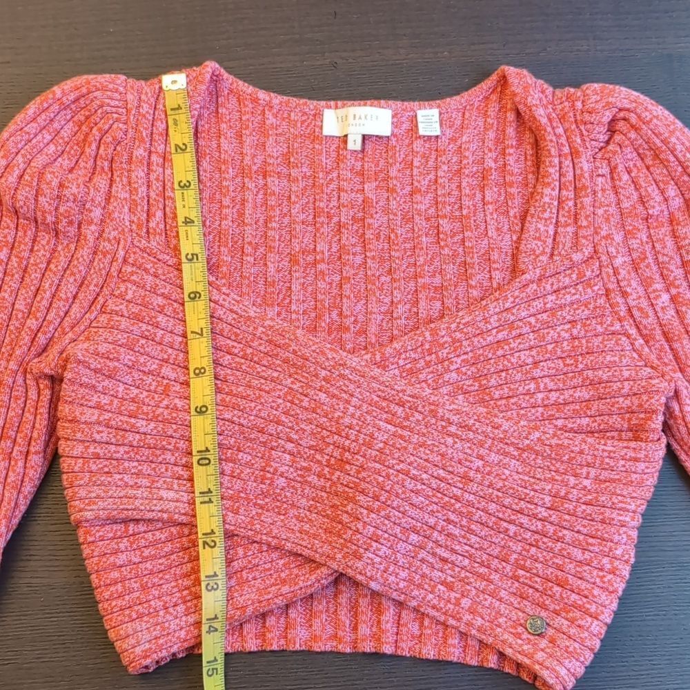 TED BAKER Demie Cross-front Cropped Knitted Top In Marled  Pink S Wool Cashmere - Picture 13 of 15